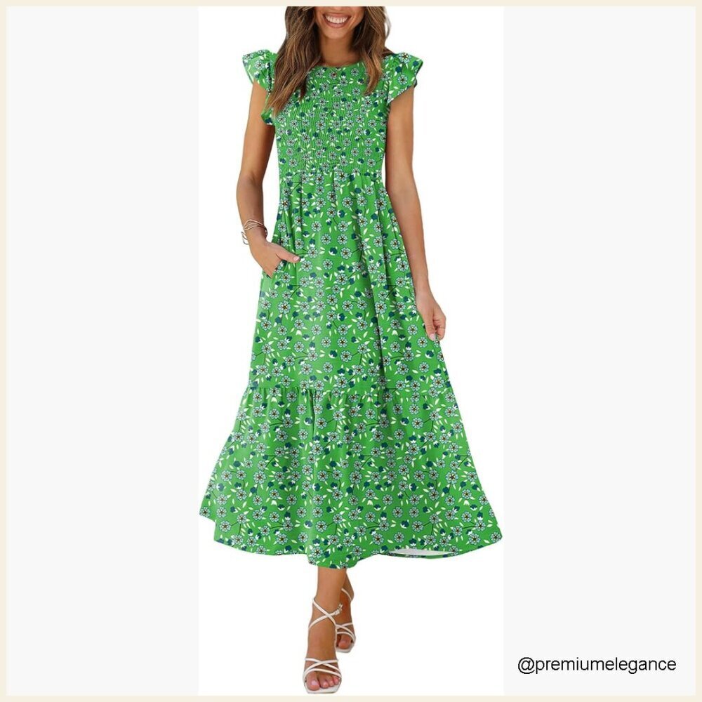 Ruffle Sleeve Smocked Maxi Dress with Pockets XS-2XL Casual